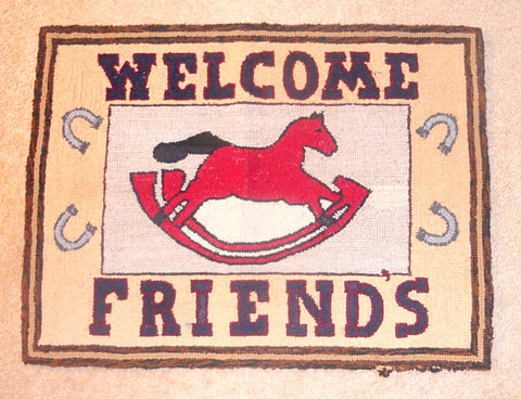 Vintage Pictorial Amish/Mennonite Hooked Rug Red Rocking Horse "Welcome Friends"