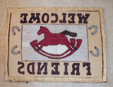 Vintage Pictorial Amish/Mennonite Hooked Rug Red Rocking Horse "Welcome Friends"