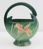 Beautiful Mid 1940s Roseville Pottery Green Basket Zephyr Lily Pattern 393-7"