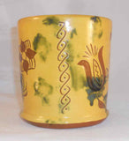 1995 Breininger Glazed Sgraffito Decorated Quart Mug Yellow Brown Bird & Tulips