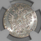 1815V Austria Silver Coin Beautiful Three Kreuzer Franz II Uncirculated NGC MS 62