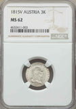 1815V Austria Silver Coin Beautiful Three Kreuzer Franz II Uncirculated NGC MS 62