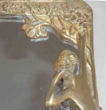 Antique Brass Art Nouveau Mirror Slender Woman Reaching For Flowers