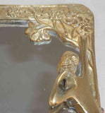 Antique Brass Art Nouveau Mirror Slender Woman Reaching For Flowers