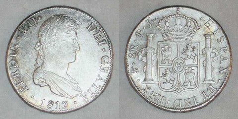 1817PJ Large Silver Coin Bolivia 8 Reales Mint Mark PTS Ferdinand VII King Of Spain Nicely Toned Extremely Fine or Better