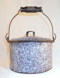 Antique Agateware Mottled Gray Lidded Berry Bucket Wire Handle Turned Wood Grip