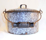 Antique Agateware Mottled Gray Lidded Berry Bucket Wire Handle Turned Wood Grip