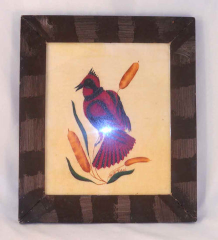 Bill Rank Framed Folk Art Hand Painted Theorem Red Bird Perched Cat Tail Plant