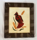 Bill Rank Framed Folk Art Hand Painted Theorem Red Bird Perched Cat Tail Plant