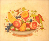 Bill Rank Framed Folk Art Hand Painted Theorem Distelfink Perched on Fruit Bowl