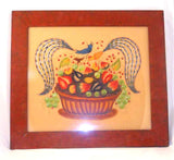Colorful Bill Rank Framed Folk Art Hand Painted Theorem Birds on a Fruit Bowl