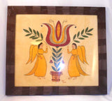 Contemporary Framed Folk Art Hand Painted On Velvet Pennsylvania Dutch Style Theorem Giant Tulip and Two Angels By Bill Rank