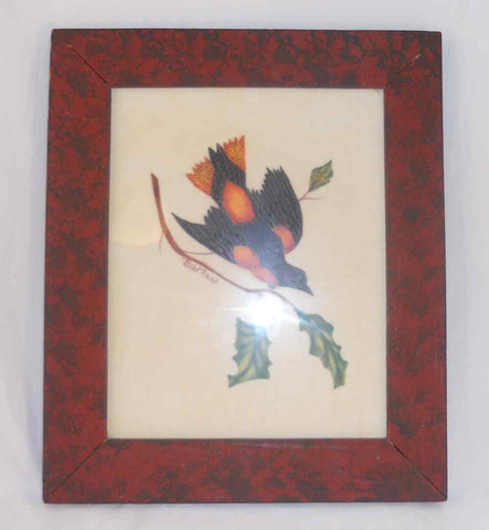 Bill Rank Framed Folk Art Hand Painted PA Dutch Theorem Blue & Orange Bird