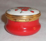 English Round Bilston & Battersea Enamels Box Red Roses Bouquet with Love