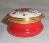 English Round Bilston & Battersea Enamels Box Red Roses Bouquet with Love