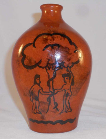 1986 Glazed Redware Slip Decorated Bottle or Flask Adam & Eve Decoration by Lester Breininger