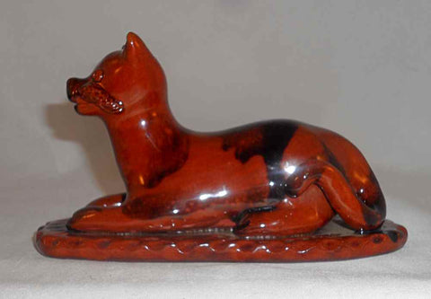 1989 Glazed Redware Figurine Dog or Cat Sitting w/ Tail Up by Lester Breininger