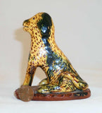 1988 Glazed Redware Figurine Yellow Green Dog Standing Sgraffito Decoration by Lester Breininger