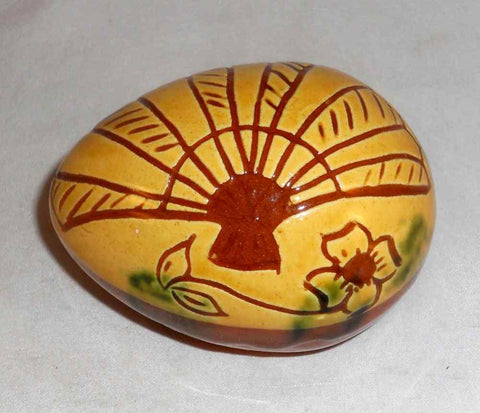 1993 Decorative Redware Egg Glazed Yellow and Brown Open Fan and Flower Sgraffito Design by Lester Breininger