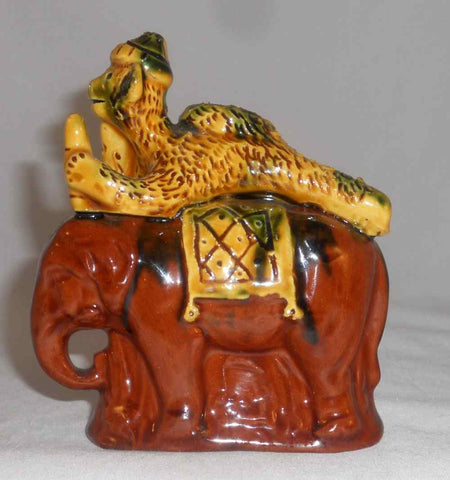 Breininger 1993 Glazed Redware Figurine Monkey With Banana on Elephant Back