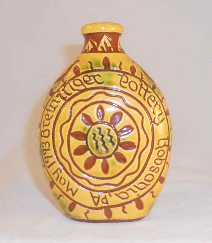 1993 Breininger Redware Glazed Bulbous Flask Sgraffito PA Dutch Flowers & Sun