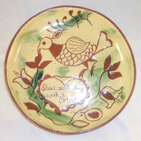 1981 Breininger Redware Sgraffito Plate Bird Tulips Heart Start Day With a Smile