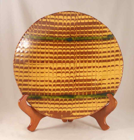 1986 Redware Glazed Slip Decorated Large Plate Brown Yellow and Green By Lester Breininger
