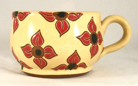 2009 Redware Glazed Sgraffito Decorated Large Soup Mug Floral Design on Yellow Background By Lester Breininger