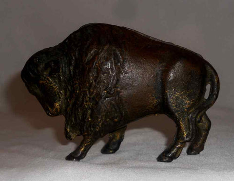 Antique Cast Iron Gold Painted Still Penny Bank Buffalo Bison by A.C. Williams