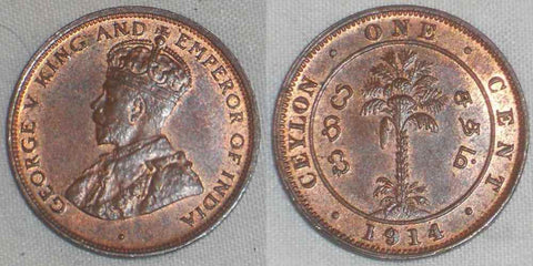 Beautiful 1914 Ceylon Copper Coin Uncirculated One Cent King George V of England
