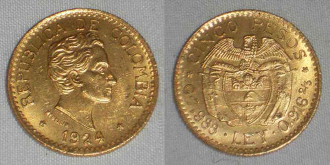 1924 Colombia Five Pesos Gold Coin MFDELLIN Under Simon Bolivar Facing Right XF+