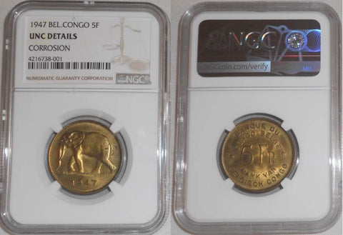 1947 Brass Coin Belgian Congo Five Francs Elephant Facing Left NGC Graded Uncirculated
