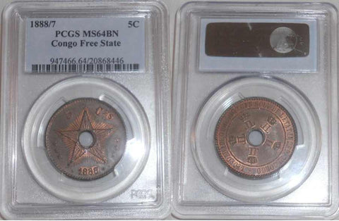 Beautiful Brown Copper Coin Hole in Middle Five Centimes 1888 Congo Free State Uncirculated PCGS MS 64 BN