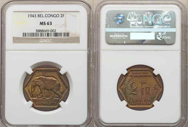 1943 Two Francs Brass Hexagonal Coin Belgian Congo Elephant Moving