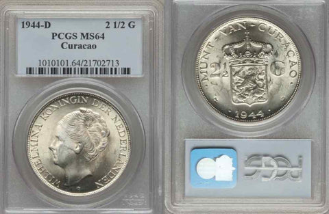 1944-D UNC Silver Coin Curacao Kingdom of Netherlands 2 1/2 Gulden PCGS MS64