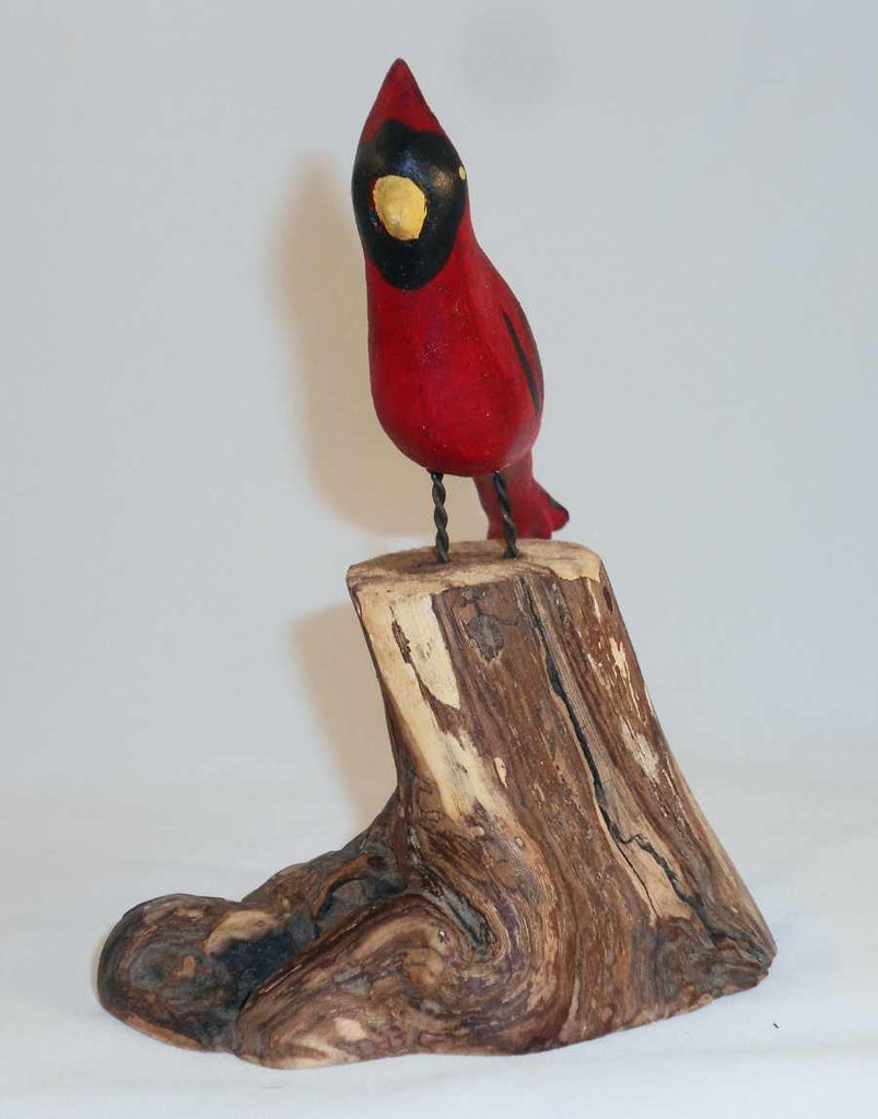 Hand Carved Polychrome Painted Folk Art Red Cardinal Bird Standing on ...