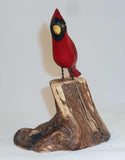 Hand Carved Polychrome Painted Folk Art Red Cardinal Bird Standing on Tree Stump