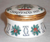 English Round Enameled Box Christmas 1977 Xmas Tree and Holly Marked Cartier