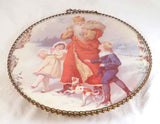 Vintage Round Flue Cover Beautiful Santa and Children Print Linked Metal Frame