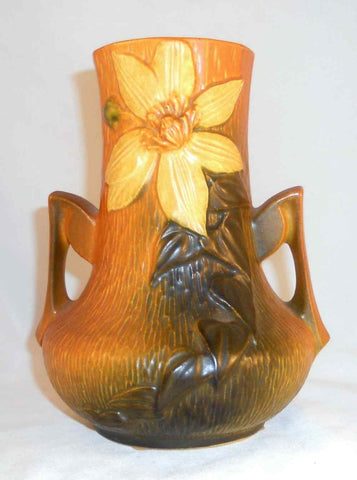 Beautiful 1940s Roseville Pottery Two Handled Vase Brown Clematis Pattern 106-7"