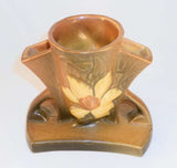Beautiful Roseville Pottery 1940s Brown Clematis Pattern Two Handled Fan or Bud Vase 192-5"