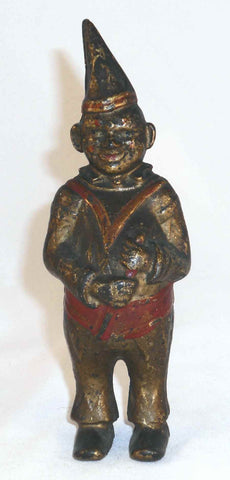 Antique Cast Iron Still Bank Clown With Pointed Hat Gold and Red Colors AC Williams USA