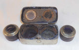 Antique Travel Double Glass Inkwell in Metal Box with Hinged Decorated Lid