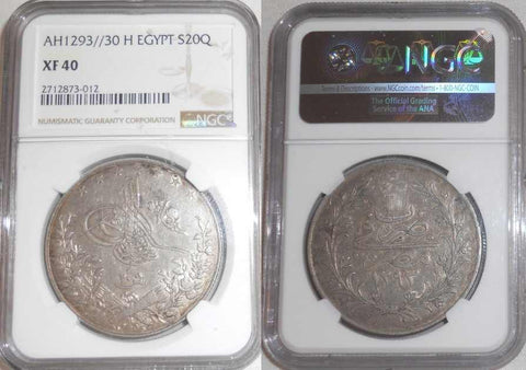 Large Silver Coin 1904/05AD 1293 AH 30th of Abdul Hamid II Reign Egyptian 20 Qirsh Mint Mark H NGC Graded Extremely Fine 40
