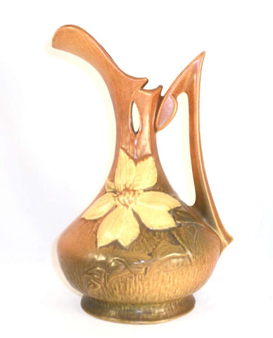 Beautiful Roseville Pottery 1940s Brown Clematis Pattern Ewer 17-10"