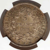 France Republic 1875A Large Crown Size Silver Coin 5 Francs NGC Mint State 62