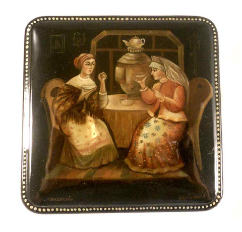 Hand Painted Fedoskino Russian Lacquer Box Reading The Tealeaves By Shchabunin