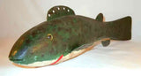 Vintage Weighted Large Carved Wood and Painted Fish Decoy Metal Fins Marked RLD