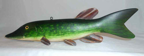 Vintage Large & Heavy Painted Carved Wood and Metal Green Sturgeon Fish Decoy