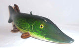 Vintage Large & Heavy Painted Carved Wood and Metal Green Sturgeon Fish Decoy